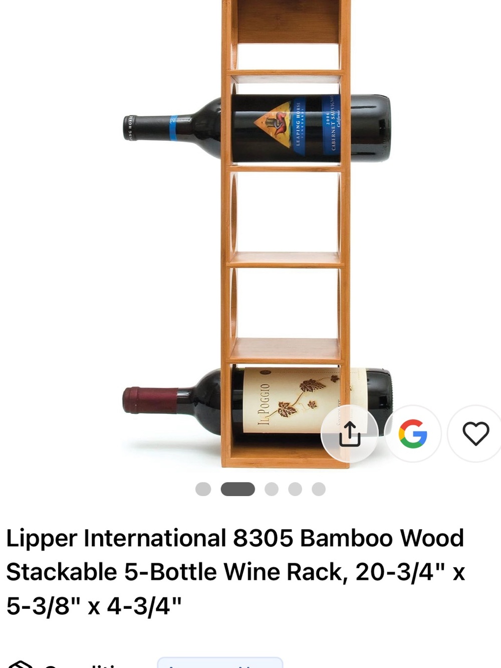 Lipper International Bamboo 5-Bottle Vertical Wine Rack - Natural Wood